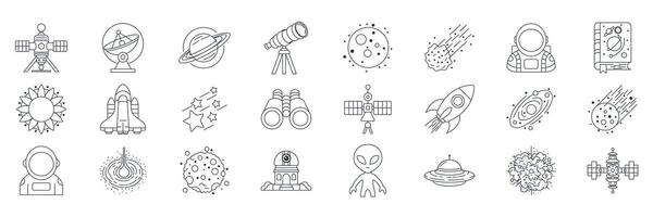 astronomy icons set, Included icons as Asteroid, Binoculars, Satellite, Rocket and more symbols collection, logo isolated illustration vector