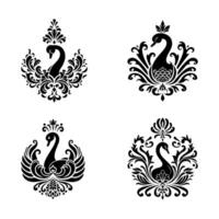 Simple black and white logo of an abstract swan and a damask pattern, on a white background vector