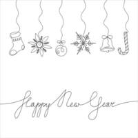 Continuous one-line drawing of New Year's snowflakes, sock, ball, bell, lollipop and Happy New Year lettering. New Years celebration concept isolated on white background vector