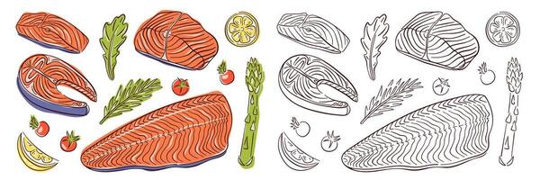 Line art style set of slice and steak salmon, with lemon piece, asparagus, tomatoes and herbs. Design seafood for menu, restaurant, grocery. vector