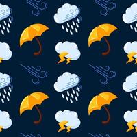 Seamless pattern with cloud, rain, lightning, yellow umbrella and wind symbols on a dark blue background. Perfect design for textile, wrapping paper. Cartoon style. vector