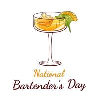 National Bartenders Day banner in line art style. Limoncello spritz cocktail with lemon slice, basil leaves and ice cubes in elegant glass. Design for event promotions, bar menu. vector
