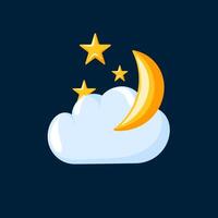 Night weather icon with cloud, crescent moon and shining stars in cartoon style. Design for weather forecasts, apps, and night designs. vector