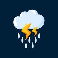 Stormy weather icon featuring a cloud with rain, lightning bolts, and dark background in cartoon style. Design for weather application, forecasts, and meteorological. vector