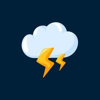 Weather icon of thunderstorm cloud with Lightning in cartoon style on a dark blue background. vector