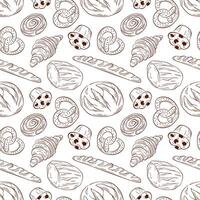 Seamless pattern of bakery food in line art style. Bread, pretzel, croissant, cinnamon bun and muffin. Ideal for food packaging, textile, cafe and menu. vector
