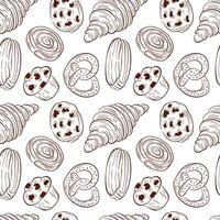 Seamless pattern with bakery food croissant, pretzel, roll, eclair, muffin, chocolate cookie chip. Line art design for packaging, backgrounds, menu, cafe, restaurant on a white background. vector