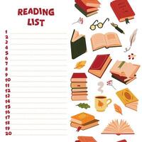 Decorated reading list. Books and autumn elements, seamless vertical border. Season illustration for social media post on white background. vector