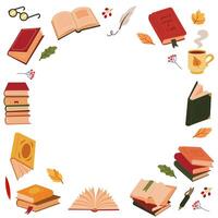 Square frame of books and autumn elements, education symbols. Background for book store, learning, library, reading club, banner concept design. vector