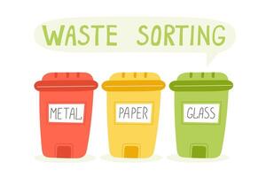 Recycling Bins for Paper, Metal, and Glass with Waste Sorting Message vector