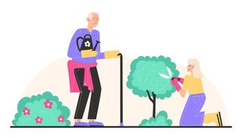 An grandfather with a stick and grandmother are standing and holding a watering can in the garden vector