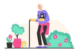 An elderly man with a stick is standing and holding a watering can in the garden vector