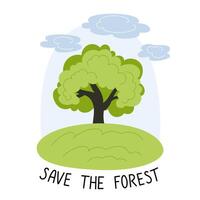 Tree on Meadow with Clouds and Save the Forest Message, Environmental Conservation and Green Spaces Concept vector