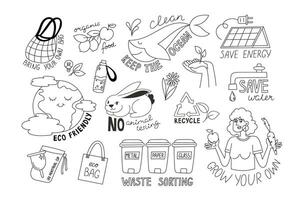 Eco Awareness black and white design set, green energy and environmental elements vector