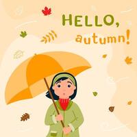 Hello, autumn A surprised girl in autumn clothes hides under an umbrella from the wind and rain. vector