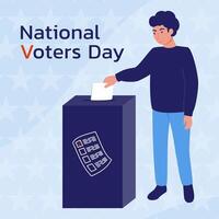 Man throws a ballot into the voting box. A call to vote. National Voter Day. vector