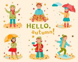 A set of children walking outside in autumn. Girls and boys are playing with falling leaves. vector