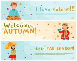 A set of banners. A group of children walking outside in autumn. vector