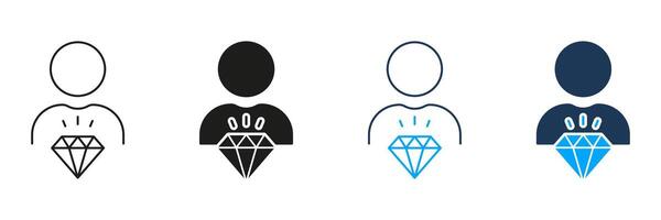 Man with Diamond, Corporate Ideology Line and Silhouette Icon Set. Employee Value Icon. Person is Core Values, Business Principles at Work. Editable Stroke. Isolated Illustration vector