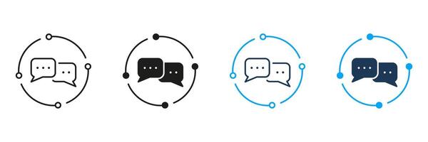 Speech Bubble in Circle Line and Silhouette Icon Set. Chat Balloon Pictogram. Communication, Dialog, Conversation, Talk Symbol. Editable Stroke. Isolated Illustration vector
