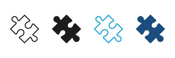 Puzzle Piece Line and Silhouette Icon Set. Jigsaw Part Linear Pictogram. Match Combination, Creative Idea, Looking For Solution. Editable Stroke. Isolated Illustration vector