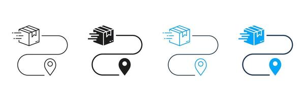 Delivery Service Route Line and Silhouette Icon Set. Parcel Location Pictogram. Pin on Map with Box, Shipment Distance Symbol. Order Path Sign. Editable Stroke. Isolated Illustration vector