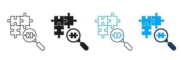 Magnifying Glass and Jigsaw Pieces Line and Silhouette Icon Set. Teamwork Connection. Problem Solving Linear Pictogram. Editable Stroke. Isolated Illustration vector