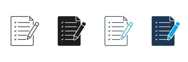 Legal Document Line and Silhouette Icon Set. Business Contract Page Symbol. Sheet Of Paper With Pen Pictogram. File Report Sign. Write Checklist. Editable Stroke. Isolated Illustration vector