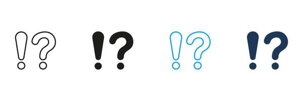 Question Mark and Exclamation Point Line and Silhouette Icon Set. FAQ, Answer Pictogram. Alert Symbol, Interrogative Warning Sign. Caution Information. Editable Stroke. Isolated Illustration vector