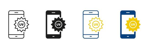 UV Index Level Mobile App Line and Silhouette Icon Set. Ultraviolet Radiation Smartphone Application Pictogram. Editable Stroke. Isolated Illustration vector