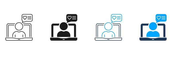 Online Chat Line and Silhouette Icon Set. Comment, Feedback, Message Sign. Laptop With Man And Speech Bubble Pictogram. Dialog Symbol. Editable Stroke. Isolated Illustration vector