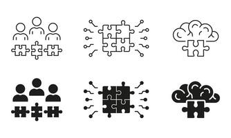 Puzzle and Technology Line and Silhouette Icon Set. Creative Human Mind Concept. Innovation, Teamwork and Brainstorming Symbol. Editable Stroke. Isolated Illustration vector