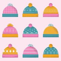 Seamless pattern with winter hats. Colorful flat set of illustrations isolated on light pink background vector