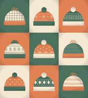 Seamless pattern with winter hats in vintage style with texture vector