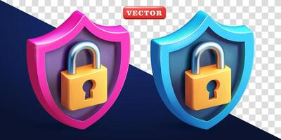 Shield with locked padlock, 3d. Suitable for security and design elements vector