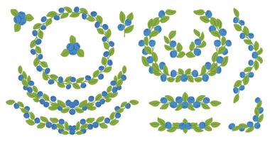 Blueberry Graphic Design Element Set with Colored Fruit Frames, Branches, Decorative Elements Illustration Isolated on White vector