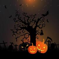 Happy Halloween background design with pumpkins, moon, grass, tree, and bat. Happy Halloween template. vector