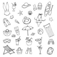 Set of summer beach elements in hand drawn doodle style. Collection of things for rest. Line stickers. illustration isolated on white background. vector