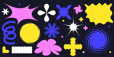 Y2k neo brutalist shape element set, abstract retro figures, colorful modern stickers bunch, geometry simple form patches, color groovy futuristic icons isolated. Minimal brutalism illustration vector