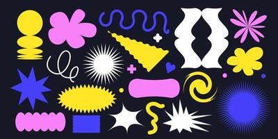 Set of retro futuristic brutalist stickers, labels, patches, geometric shapes, playful fluidity geometry. Brutalism abstract figures collection. 80s, 90s, 00s, y2k. Vivid acid colors. Nostalgia vector