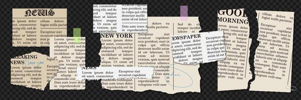 Newspaper torn paper pieces set with uneven edges. Vintage elements collection for collage. vector