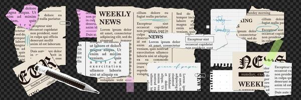 Set of torn newspapers and notebook sheets. Vintage trending newspaper with uneven edges for collages. Torn out sheets collection for a notebook in a cage and stripes. collage elements vector