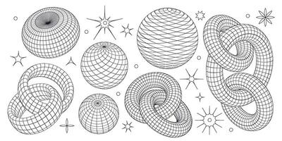 Set of wireframe 3D geometric shapes. Wire frame abstract figures. Mesh grids of intertwined rings, chain links, spheres. Graphic design linear elements isolated on white background. vector