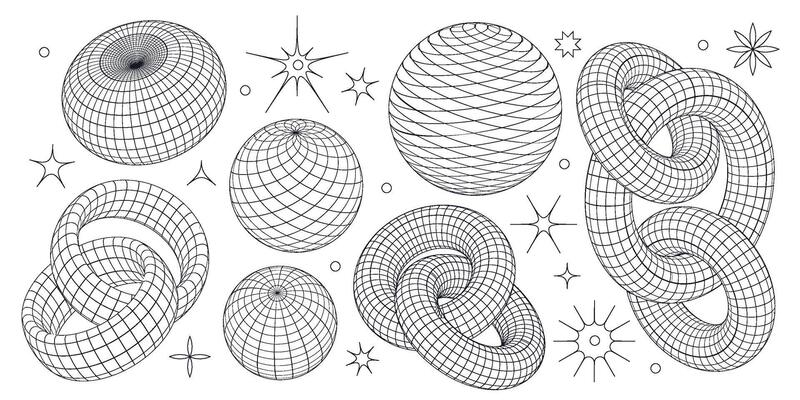 Set of wireframe 3D geometric shapes. Wire frame abstract figures. Mesh grids of intertwined rings, chain links, spheres. Graphic design linear elements isolated on white background.
