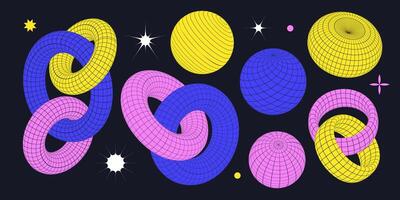 Rave psychedelic retro futuristic grid element set. Surreal geometric shapes, intertwined rings, wireframe chain links, cyberpunk objects. elements in trendy brutalist style. vector