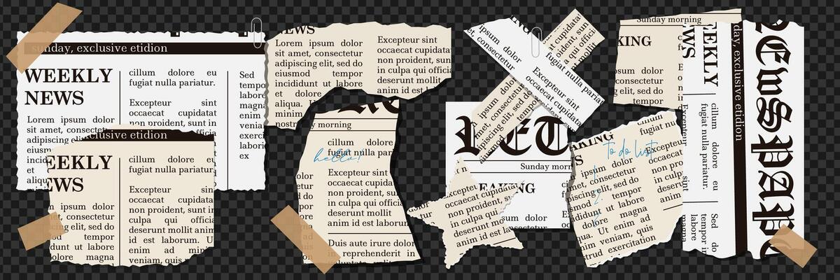 Set of old torn or ripped paper sheets. Scrapbook uneven edge, newspaper page split. Abstract realistic ornament or decoration clip art for social media banner. illustration.