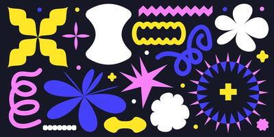 Naive playful abstract neo brutalist shapes sticker pack. Groovy flowers, stars, zigzag in trendy retro y2k cartoon style. illustration with biomorphic geometric elements. Brutalism aesthetic. vector