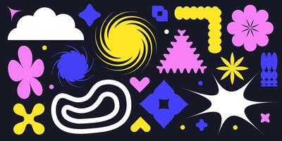Y2k abstract brutalist shape set, funky groovy flowers, cute minimal sticker kit, stars, wavy irregular objects. Brutal geometric flat basic forms, colorful futuristic design graphic. Brutalism vector
