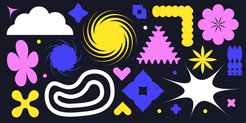 Y2k abstract brutalist shape set, funky groovy flowers, cute minimal sticker kit, stars, wavy irregular objects. Brutal geometric flat basic forms, colorful futuristic design graphic. Brutalism