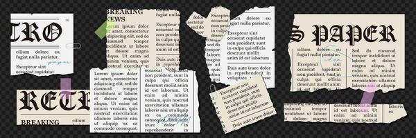 Set of Torn newspaper sheets of paper with clippings text in grunge style. pieces of ripped scrap paper in cage and lines. Vintage elements collection for collage. vector